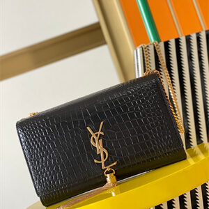 Y.S.L KATE MEDIUM TASSEL IN CROCODILE EMBOSSED Leather Gold Tone Metal Black Color