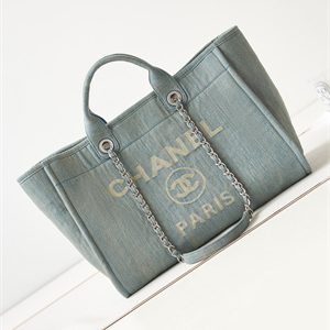 Cha.nel Deauville Large Shopping Bag Washed Denim Silver Tone Metal A66941