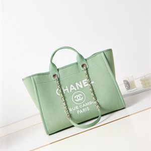 Cha.nel Deauville Large Shopping Bag Mixed Fibers Gold Tone Metal Green A66941
