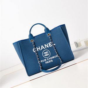 Cha.nel Deauville Large Shopping Bag Mixed Fibers Gold Tone Metal Blue A66941