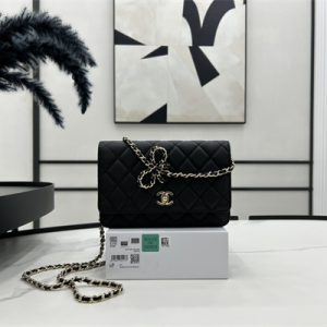 Cha.nel Wallet On Chain With Bowknot Grained Calfskin Gold Tone Metal Black AP3304