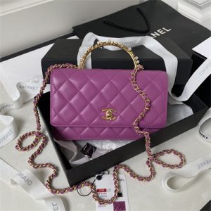 Cha.nel Wallet On Chain With Top Handle Lambskin Gold Tone Metal Purple AP3504