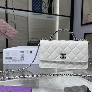 Cha.nel Wallet On Chain With Top Handle Shiny Calfskin Silver Tone Metal White AP3566