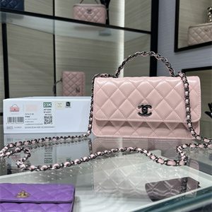 Cha.nel Wallet On Chain With Top Handle Shiny Calfskin Silver Tone Metal Pink AP3566