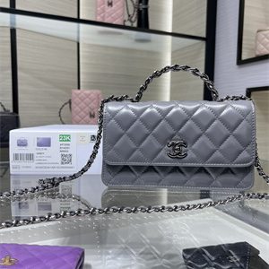 Cha.nel Wallet On Chain With Top Handle Shiny Calfskin Silver Tone Metal Grey AP3566