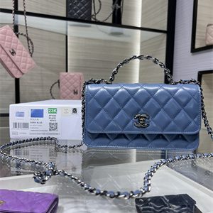 Cha.nel Wallet On Chain With Top Handle Shiny Calfskin Silver Tone Metal Blue AP3566