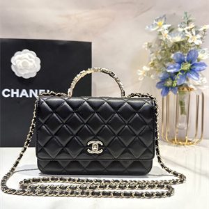 Cha.nel Wallet On Chain With Top Handle Lambskin Gold Tone Metal Black AP3574