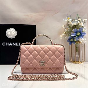Cha.nel Wallet On Chain With Top Handle Lambskin Gold Tone Metal Light Pink AP3574