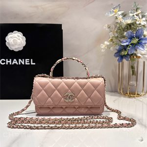 Cha.nel Wallet On Chain With Top Handle Lambskin Gold Tone Metal Light Pink AP3575
