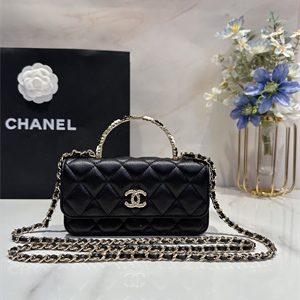 Cha.nel Wallet On Chain With Top Handle Lambskin Gold Tone Metal Black AP3575