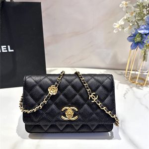 Cha.nel Wallet On Chain Grained Calfskin Gold Tone Metal Black AP3580