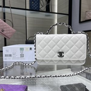 Cha.nel Wallet On Chain With Top Handle Shiny Calfskin Silver Tone Metal White AP3645