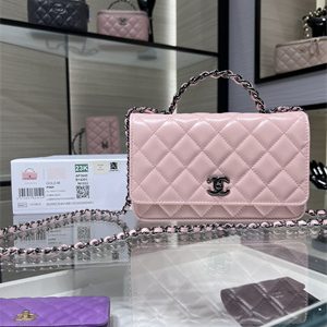 Cha.nel Wallet On Chain With Top Handle Shiny Calfskin Silver Tone Metal Pink AP3645