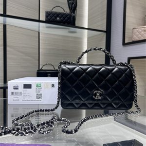 Cha.nel Wallet On Chain With Top Handle Shiny Calfskin Silver Tone Metal Black AP3645