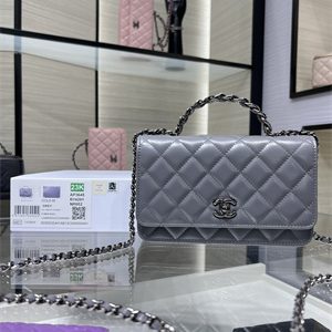 Cha.nel Wallet On Chain With Top Handle Shiny Calfskin Silver Tone Metal Grey AP3645