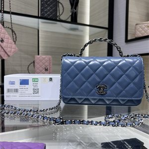 Cha.nel Wallet On Chain With Top Handle Shiny Calfskin Silver Tone Metal Blue AP3645