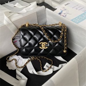 Cha.nel Mini Flap Bag Calfskin With Gold Ball Gold Tone Metal Black AS2615