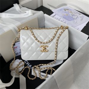 Cha.nel Small Flap Bag Calfskin With Gold Ball Gold Tone Metal White AS2649