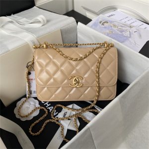 Cha.nel Small Flap Bag Calfskin With Gold Ball Gold Tone Metal Beige AS2649