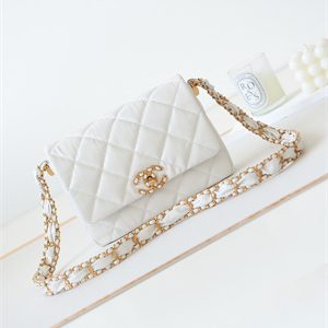 Cha.nel Flap Bag Aged Calfskin Gold Tone Metal White AS4423