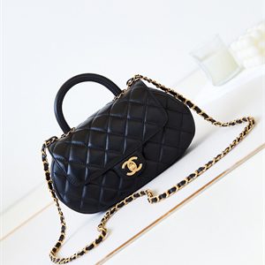 Cha.nel Flap Bag With Top Handle Lambskin Gold Tone Metal Black AS4569
