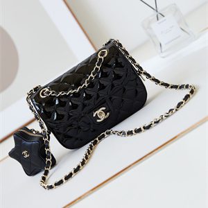 Cha.nel Mini Flap Bag & Star Coin Purse Mirror Calfskin, Metallic Calfskin Gold-Tone Metal Black AS4646