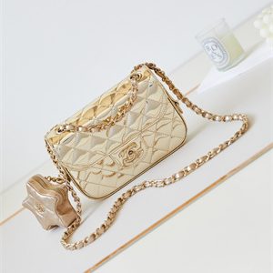 Cha.nel Mini Flap Bag & Star Coin Purse Mirror Calfskin, Metallic Calfskin Gold-Tone Metal Gold AS4646