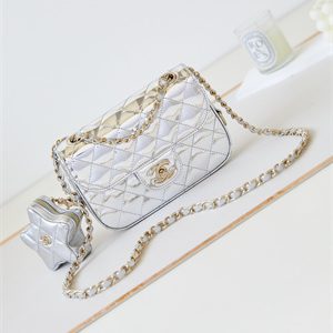 Cha.nel Mini Flap Bag & Star Coin Purse Mirror Calfskin, Metallic Calfskin Gold-Tone Metal Silver AS4646