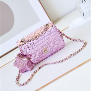Cha.nel Mini Flap Bag & Star Coin Purse Mirror Calfskin, Metallic Calfskin Gold-Tone Metal Pink AS4646