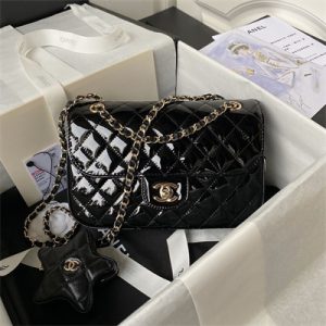 Cha.nel Flap Bag & Star Coin Purse Mirror Calfskin, Metallic Calfskin Gold-Tone Metal Black AS4648