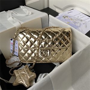 Cha.nel Flap Bag & Star Coin Purse Mirror Calfskin, Metallic Calfskin Gold-Tone Metal Gold AS4648