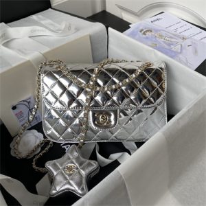 Cha.nel Flap Bag & Star Coin Purse Mirror Calfskin, Metallic Calfskin Gold-Tone Metal Silver AS4648