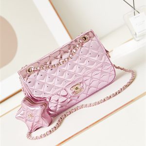 Cha.nel Flap Bag & Star Coin Purse Mirror Calfskin, Metallic Calfskin Gold-Tone Metal Pink AS4648