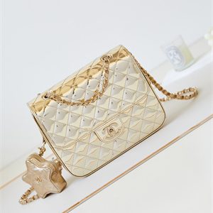 Cha.nel Backpack & Star Coin Purse Mirror Calfskin, Metallic Calfskin Gold-Tone Metal Gold AS4649