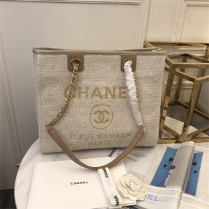 Cha.nel Deauville MM Shopping Bag Mixed Fibers Gold Tone Metal Beige A67001