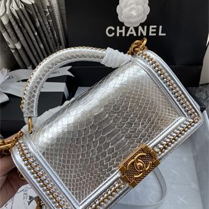 Cha.nel Medium Leboy Bag With Top Handle Python Leather Gold Metal A94804