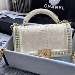 Cha.nel Medium Leboy Bag With Top Handle Python Leather Gold Metal A94804