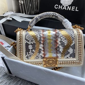 Cha.nel Medium Leboy Bag With Top Handle Python Leather Gold Metal A94804