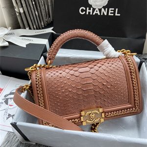 Cha.nel Medium Leboy Bag With Top Handle Python Leather Gold Metal A94804