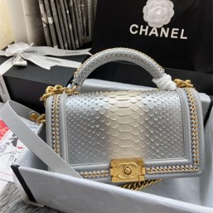 Cha.nel Medium Leboy Bag With Top Handle Python Leather Gold Metal A94804