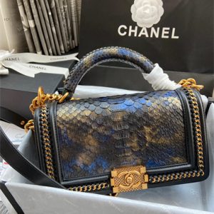 Cha.nel Medium Leboy Bag With Top Handle Python Leather Gold Metal A94804