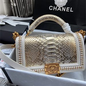 Cha.nel Medium Leboy Bag With Top Handle Python Leather Gold Metal A94804