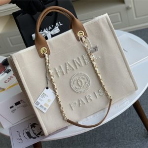 Cha.nel Deauville Large Shopping Bag Bead Mixed Fibers Gold Tone Metal Cream A66941