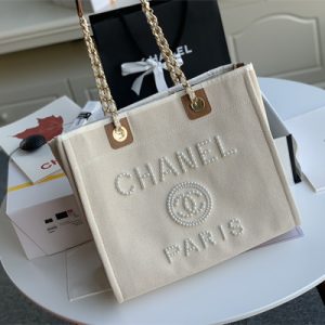 Cha.nel Deauville MM Shopping Bag Bead Mixed Fibers Gold Tone Metal Cream A67001