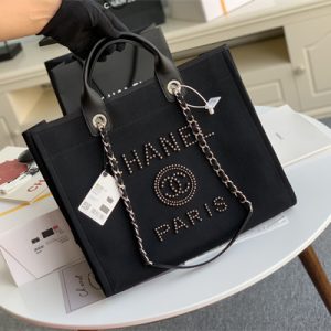 Cha.nel Deauville Large Shopping Bag Bead Mixed Fibers Gold Tone Metal Black A66941
