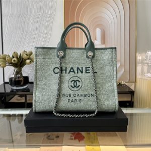 Cha.nel Deauville Large Shopping Bag Mixed Fibers Silver Tone Metal Lt Green A66941
