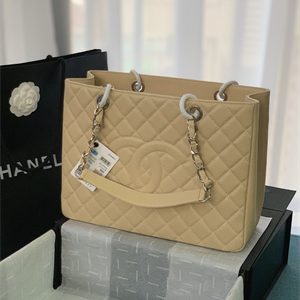 Cha.nel Shopping Bag Grained Calfskin Silver Tone Metal Beige A50995
