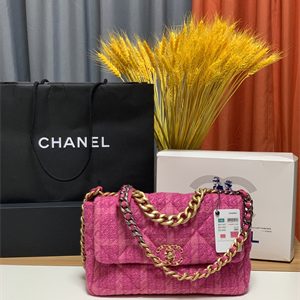 Cha.nel 19 Large Handbag Wool Tweed Gold Double C Metal Fuchsia AS1161
