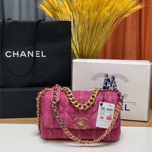 Chanel 19 Handbag Wool Tweed Gold Double C Metal Fuchsia AS1160