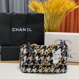 Cha.nel 19 Large Handbag Wool Tweed Gold Double C Metal Black/White AS1161